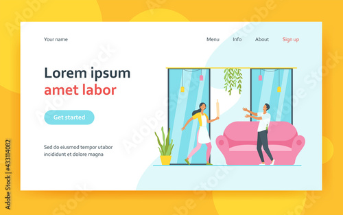 Woman with rolling pin protecting from drunk man. Home, spouse, bottle flat vector illustration. Alcoholism and relationship concept for banner, website design or landing web page
