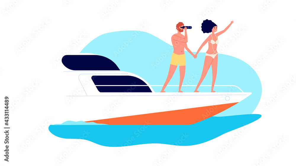 Sea travel. Romantic date on yacht, couple ocean tour. Woman man characters on boat in water, happy vacation vector illustration