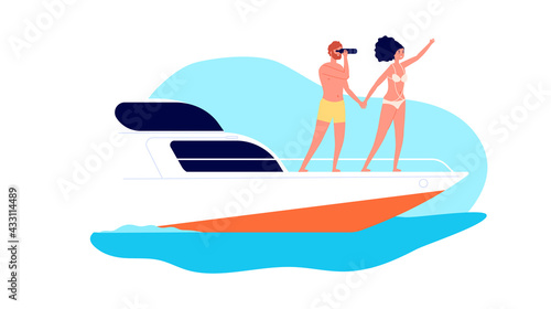 Sea travel. Romantic date on yacht, couple ocean tour. Woman man characters on boat in water, happy vacation vector illustration
