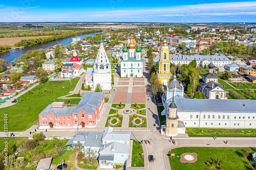 Aerial drone cityscape view of churches and other Orthodox architecture in the old city center of Kolomna, Moscow region, Russia. Assumption Cathedral, Tikhvin Church in Kremlin.