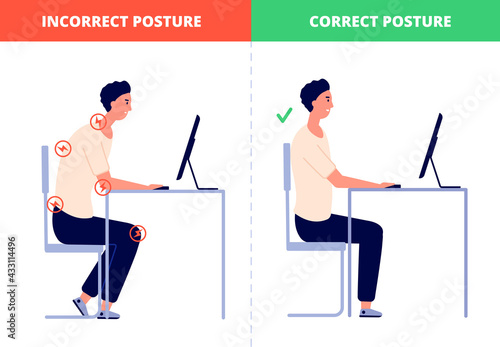 Correct sitting. Computer posture, office ergonomics at work desk. Proper position without neck or back pain for healthy spine utter vector concept