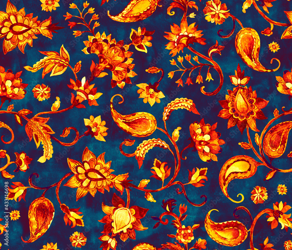 Obraz premium Watercolor hand painted paisley seamless pattern. Whimsical flowers, leaves, brunches, paisley. Oriental illustration. Islam, arabic, indian, spain, turkish, pakistan, ottoman motif. Water color print