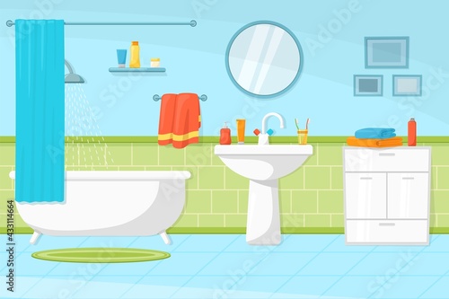Cartoon bathroom interior. Tub and sink, flat restroom in house. Hygiene room, bath towels in hotel. Shower design recent vector illustration