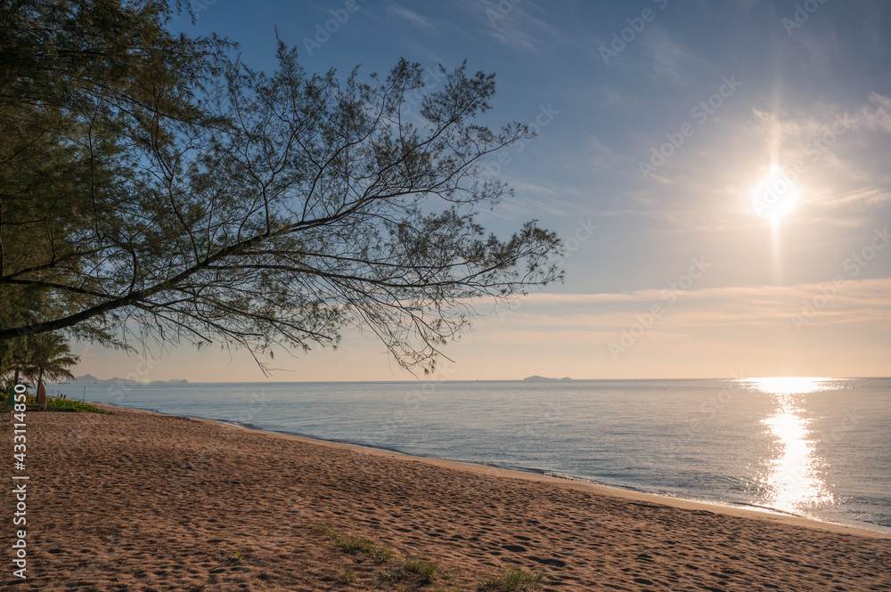 Sunrise on tropical sea and tree on the beach Sunrise on tropical sea and tree on the beach
