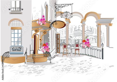 Series of backgrounds decorated with flowers, old town views and street cafes.    Hand drawn vector architectural background with historic buildings. 
