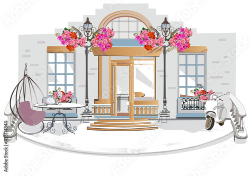 Series of backgrounds decorated with flowers, old town views and street cafes.    Hand drawn vector architectural background with historic buildings. 