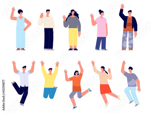Modern happy people characters. Cartoon female, young happy woman man greetings. Isolated smiling business adult, jump person utter vector set
