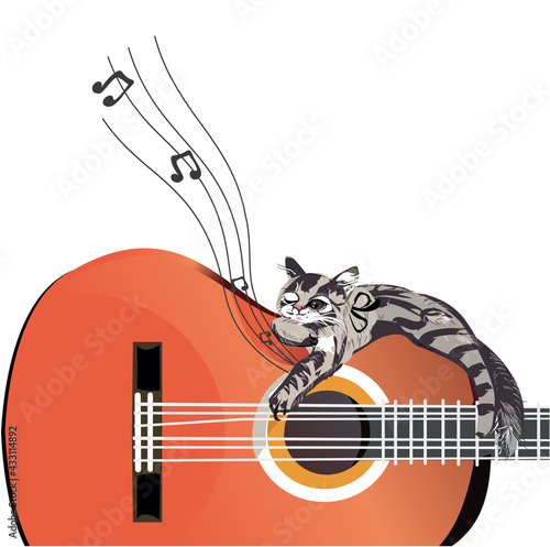 Musical design with a guitar and a kitten, decorated with notes. Hand drawn vector illustration.