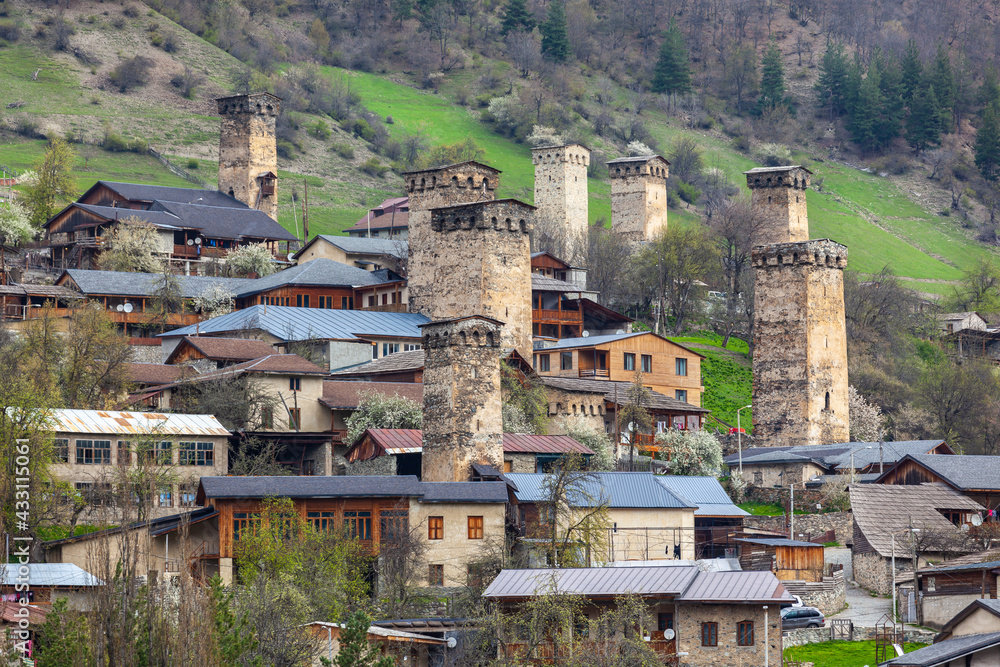 Obraz premium Towers of Mestia village in Svaneti area Caucasus mountains in Georgia