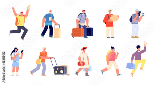 Travel people with luggage. Traveller vacation, family tourist in airport. Isolated hurry to departure young trip characters utter vector set