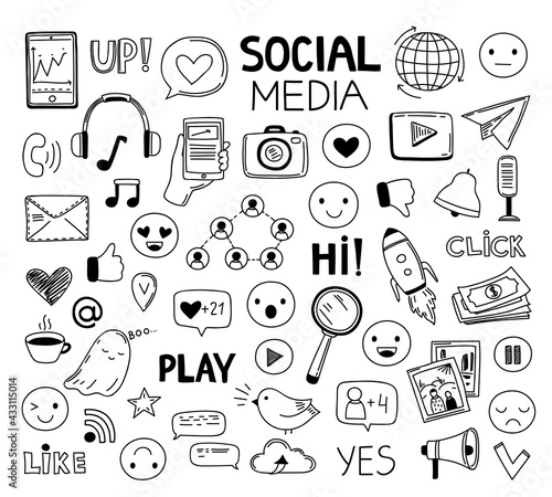 Doodle social media icons. Drawing symbols, website sketch art. Network or digital marketing elements, photo click arrow web exact vector set