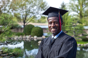 Handsome young black college graduate wearing cap and gown smiles proudly