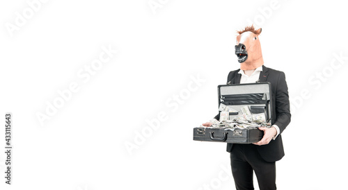 Quadro su tela Professional man businessman wear horse head mask holding suitcase with dollar banknotes, money