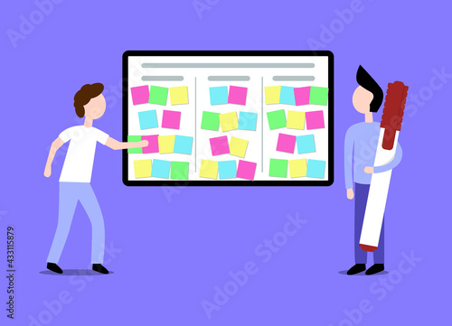 Teamwork in office with planning board and characters, business. Flat design vector illustration.