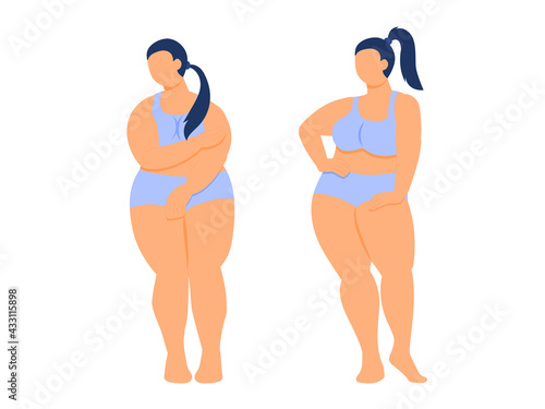 fat girl. self love. fat woman with curvy figure in lingerie. stock vector illustration isolated on white.