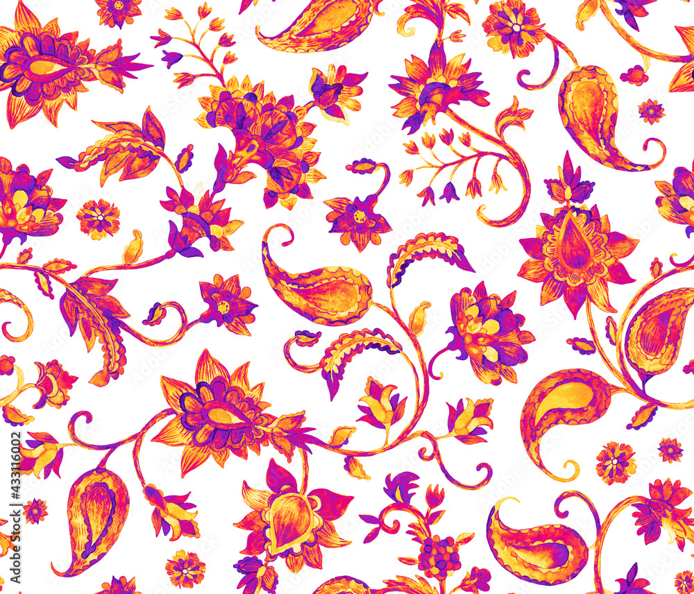 Obraz premium Watercolor hand painted paisley seamless pattern. Whimsical flowers, leaves, brunches, paisley. Oriental illustration. Islam, arabic, indian, spain, turkish, pakistan, ottoman motif. Water color print