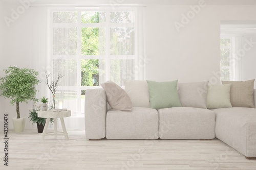 White living room with sofa and summer landscape in window. Scandinavian interior design. 3D illustration