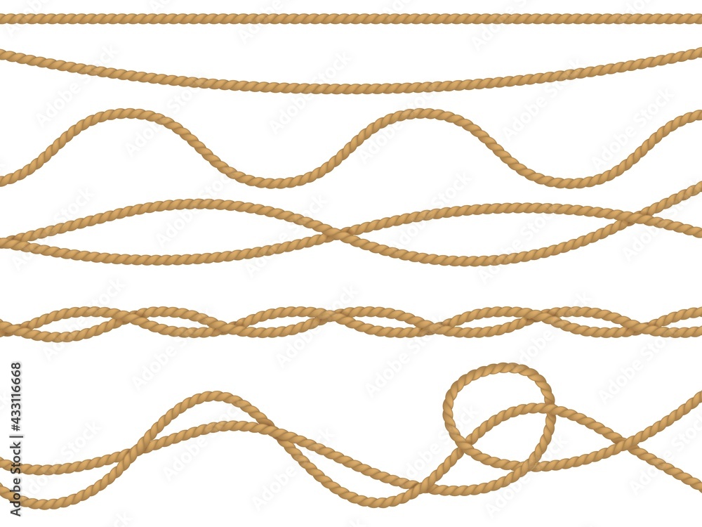 Fiber ropes realistic. Curve nautical rope seamless pattern, cord straight lasso decorative borders retro collection, marine brown jute or hemp twine ornament. Vector 3d isolated vintage set