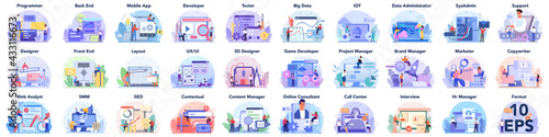 Big IT profession set. Programmer write software and create code for computer