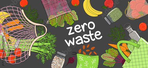 Zero waste wide banner with bags, meshes, jars, vegetables and fruits. Concept of zero waste store. Eco-friendly sustainable lifestyle. No plastic. Hand drawn vector illustration.