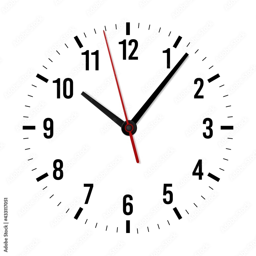 Mockup clock face. Minute hour and second hands with time scale for modern wall office round watches. Black numbers. Stylized interior decoration, 3d isolated template. Vector element Mockup clock face. Minute hour and second hands with time scale for modern wall office round watches. Black numbers. Stylized interior decoration, 3d isolated template. Vector element