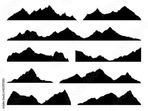 Mountains silhouettes black. Skyline ranges, high mountain hike landscape, alpine peaks. Extreme hiking nature border. Horizontal panorama template, decor elements vector isolated set