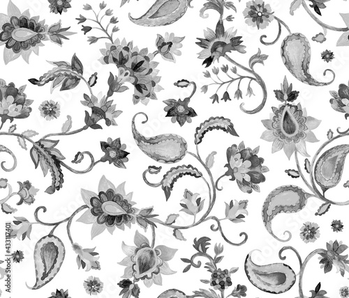 Watercolor hand painted paisley seamless pattern. Whimsical flowers, leaves, brunches, paisley. Oriental illustration. Islam, arabic, indian, spain, turkish, pakistan, ottoman motif. Water color print