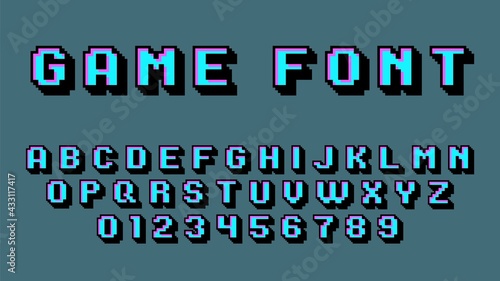 Pixel art alphabet. Retro video game font, 8 bit graphic 80s, old school digital square numbers and latin letters, arcade gaming 90s abc elements. Blue typeface vector isolated set