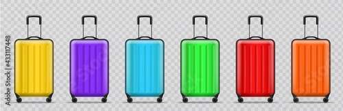 Different colors luggage. Realistic modern travel plastic bags standing in row, shockproof bright flight suitcases on wheels with extendable handles. Vector 3d isolated set