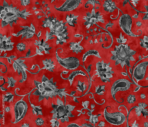 Watercolor hand painted paisley seamless pattern. Whimsical flowers, leaves, brunches, paisley. Oriental illustration. Islam, arabic, indian, spain, turkish, pakistan, ottoman motif. Water color print