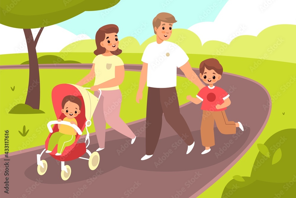 Walking with baby. Happy family couple in summer park. Young mom, dad and children stroll outdoor, parents with kid in stroller and little son. Parenting lifestyle vector cartoon concept Walking with baby. Happy family couple in summer park. Young mom, dad and children stroll outdoor, parents with kid in stroller and little son. Parenting lifestyle vector cartoon concept
