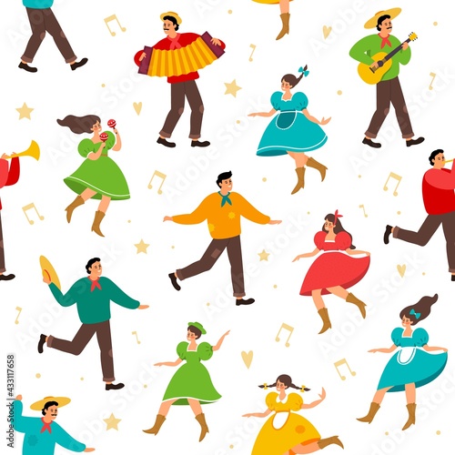 Seamless pattern festa junina. Summer folk festival, brazil carnival, people with musical instruments, fertility holiday. Decor textile, wrapping paper wallpaper vector print or fabric