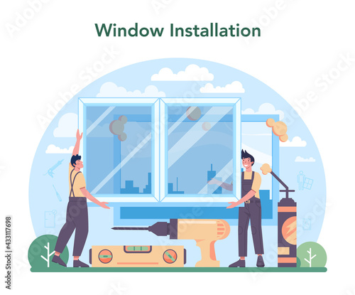 Installer concept. Worker in uniform installing window and door.