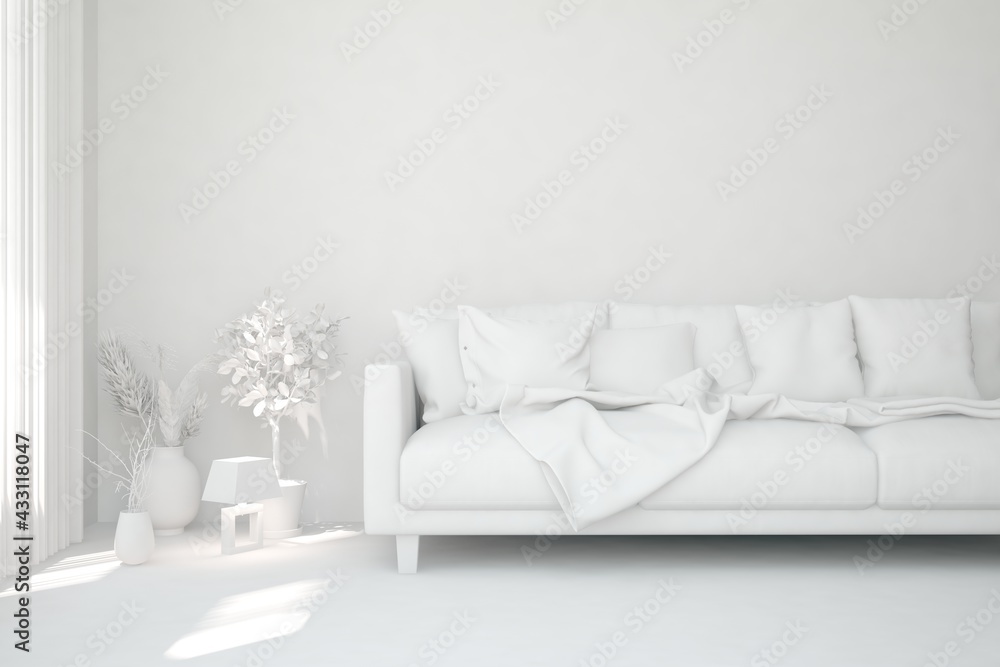 Mock up of minimalist living room in white color with sofa. Scandinavian interior design. 3D illustration Mock up of minimalist living room in white color with sofa. Scandinavian interior design. 3D illustration