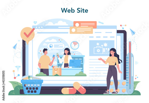 Pharmacy online service or platform. Pharmacist preparing
