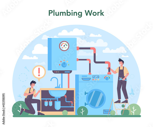 Plumber set. Plumbing service, professional repair and cleaning of bathroom