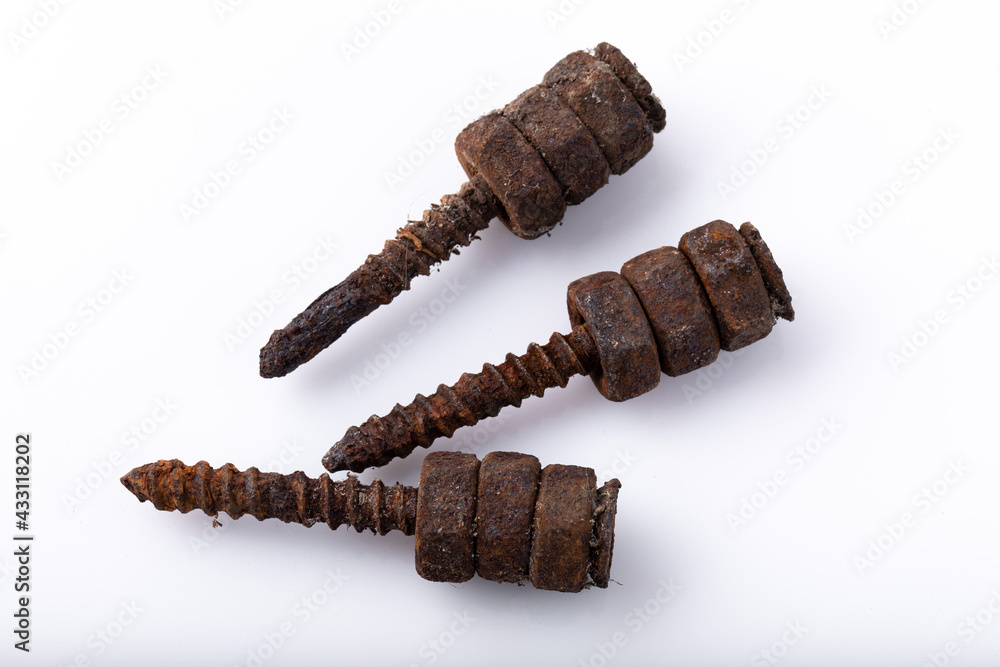old rusty aged bolt, not usable, rusty item on white background old rusty aged bolt, not usable, rusty item on white background