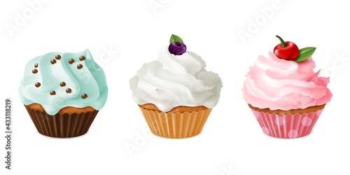 Cupcakes realistic. Homemade dessert sweet with pink and blue icing in paper cups, sugar cakes with cream and berries, delicious food, confectionery colorful vector isolated set