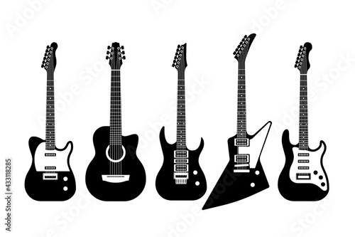Guitars black and white. Acoustic and electric guitar outline musical instruments, various forms, classic and rock music objects, modern and vintage elements, isolated silhouette vector set