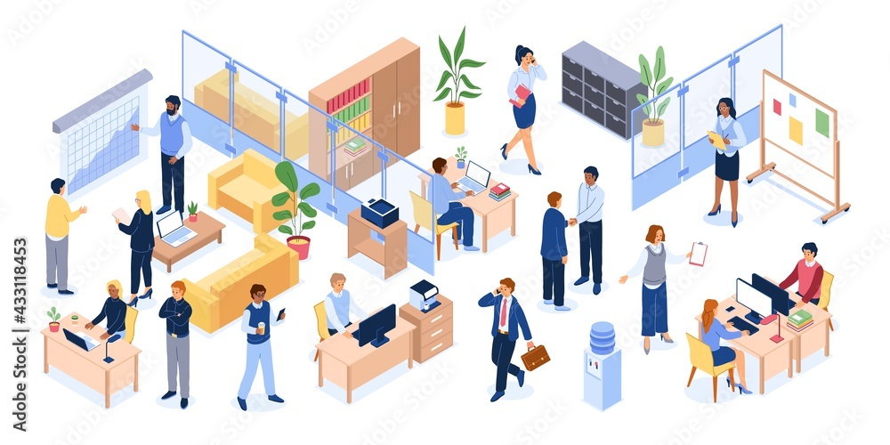 Isometric office people. Business workplace with tables computers and chairs, men and women bank professional team, working open space environment. Corporate teamwork meeting vector set - obrazy, fototapety, plakaty 