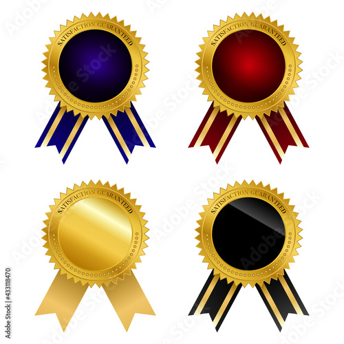Gold seal badge ribbon. Premium quality best choice medal. Realistic badge icon isolated on white background.
