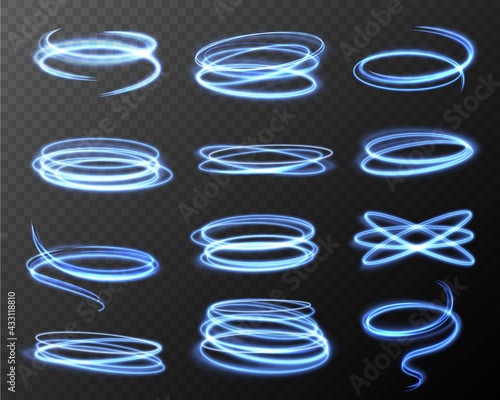 Glowing light effect. Blue fluorescent curve stripes collection, abstract magic luminous swirls, neon energy shine spirals, long exposure lens flare rings, vector realistic isolated set