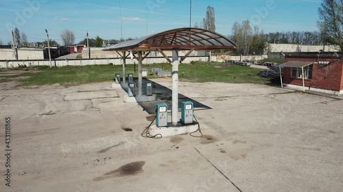 shooting of an old gas station. aerial shooting