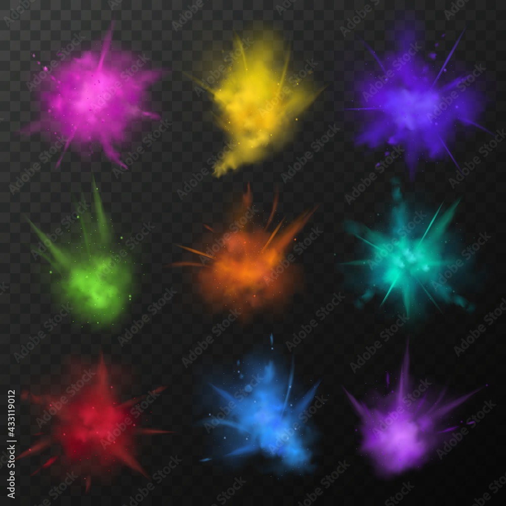 Color powder explosions. 3d bright powder clouds with eco paint ...