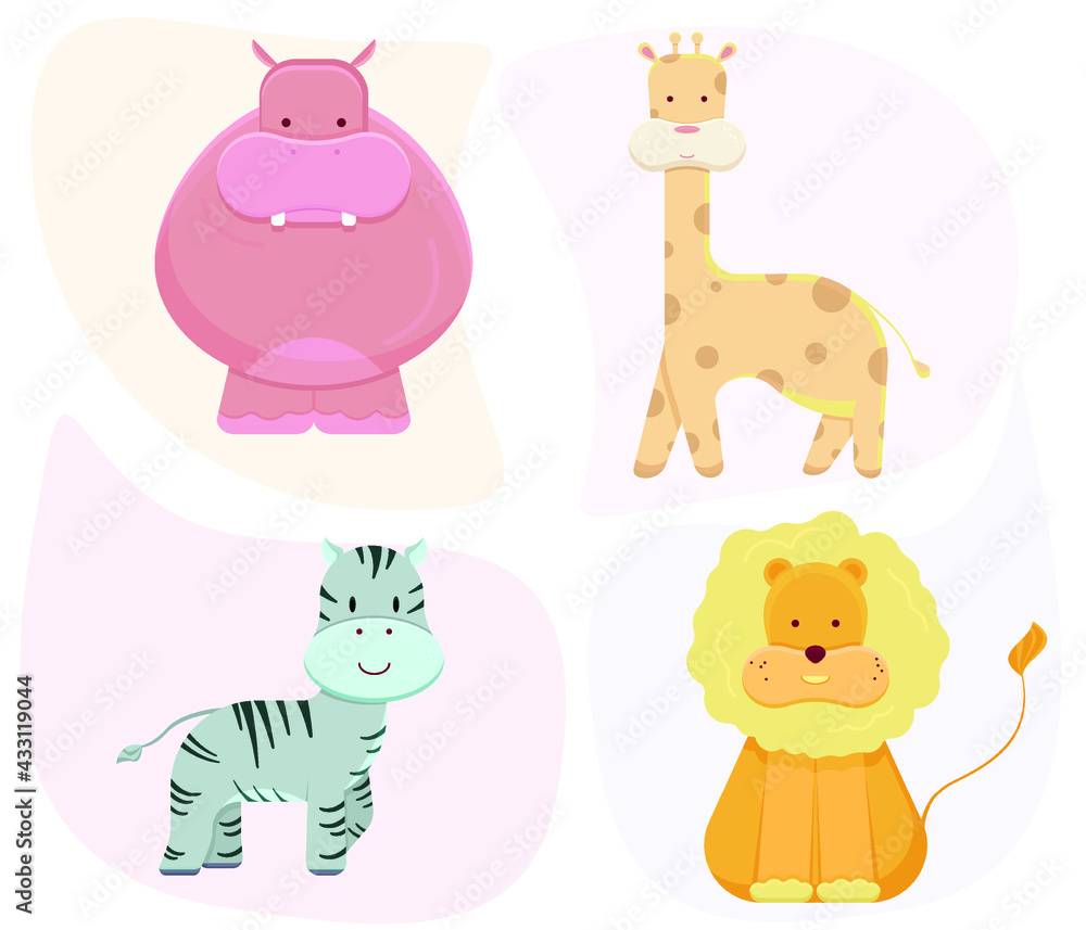 african animals hippo giraffe zebra and lion drawn in cartoon style. set of animals for children illustrations.