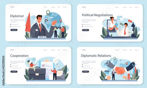 Diplomat profession web banner or landing page set. Idea of international