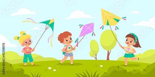 Children fly kites. Kids launching air toys in nature, outdoor games and hobbies, friends play together in summer park landscape, boys and girls with controlled kite vector cartoon concept