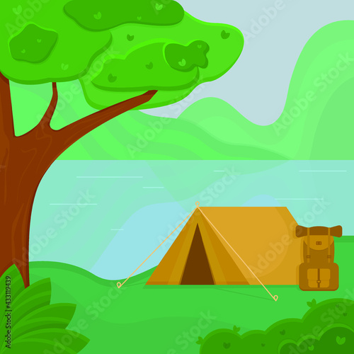  Camping landscape. Tent and tourist backpack are placed on the bank of the river in the forest. Vector illustration of tourism - expedition, travel, explore or outdoor recreation