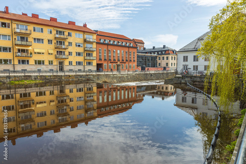 Beautiful city landscape view of colorful buildings along river side. Uppsala. Sweden. Europe. 