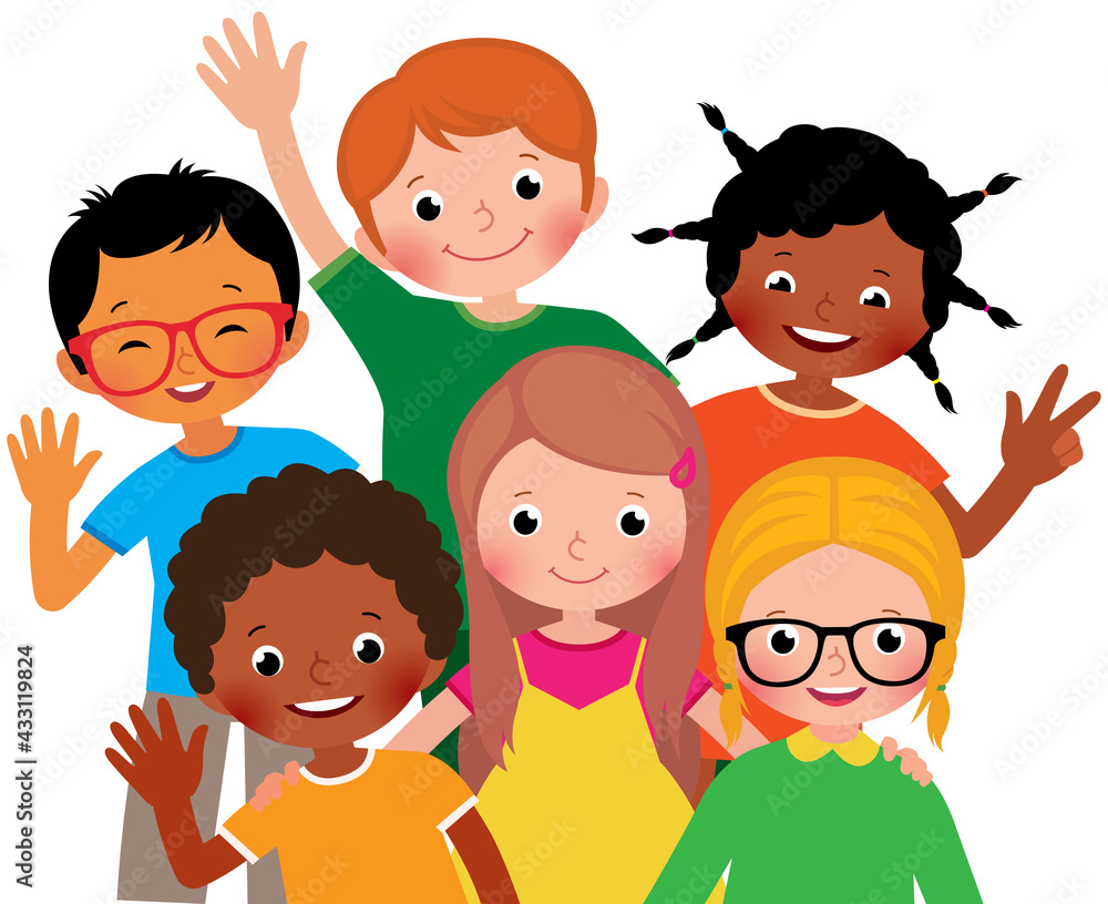 Vector image a group of cheerful hugging children of different nationalities waving their hands in a welcoming manner. Vector image a group of cheerful hugging children of different nationalities waving their hands in a welcoming manner.